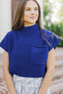 Ribbed Mock Neck Patch Pocket Drop Shoulder Short Sleeve Sweater